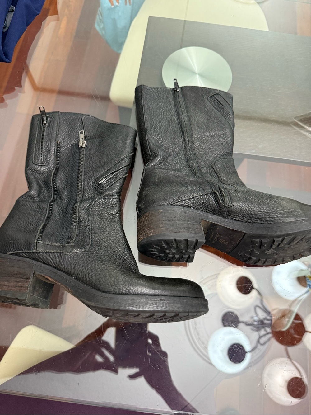 Vera Wang Black Leather Lace-Up Combat Boots